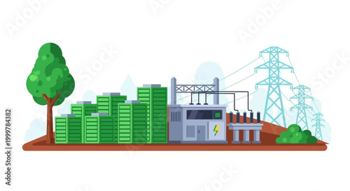 Green energy power plant with battery storage system and electrical transmission towers.