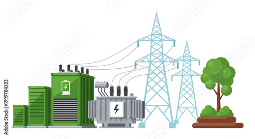 Industrial power substation with electrical transformers and high voltage transmission towers.