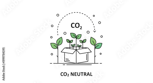 CO2 neutral concept illustration with green plants growing from a cardboard box.