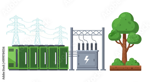 Electrical energy transformer station with battery storage system and a tree.