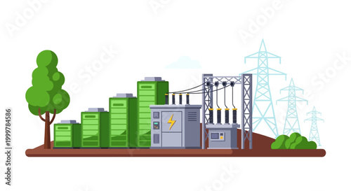 Battery energy storage system station with power grid infrastructure.