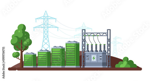Industrial Battery Energy Storage System with Power Transformer and Transmission Tower.