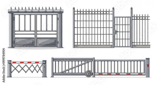 Collection of Various Metal Gates and Fences for Security and Decoration.