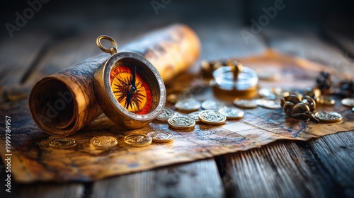 Vintage Treasure Map with Compass and Coins on Rustic Wooden Surface