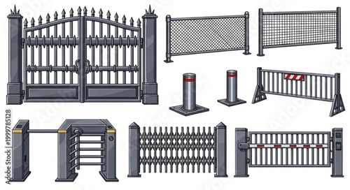 Collection of Various Metal Gates and Fences for Security and Boundary.