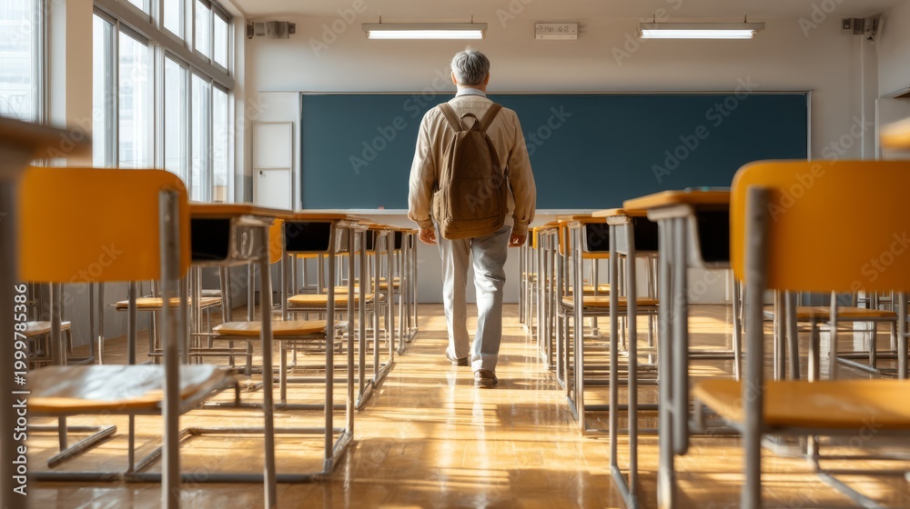 Fototapeta premium Teacher Walking Down Classroom Aisle Between Desks and Students