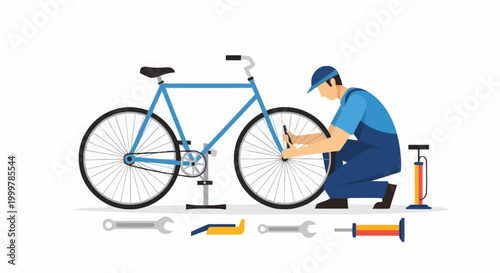 Mechanic Repairing Bicycle Wheel Tire with Pump and Tools