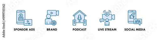 Creator Economy web icon illustration concept with icon of sponsor ads, brand, podcast, live stream, and social media