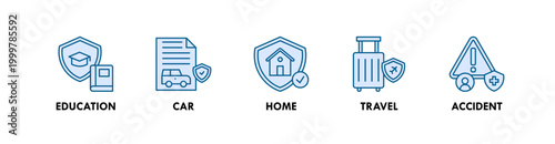 Insurance web icon illustration concept with icon of education, car, home, travel, and accident