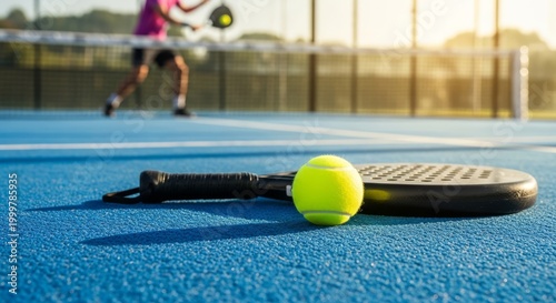 Vibrant Tennis Ball and Racket Resting on Bright Blue Court in Sunny Practice.