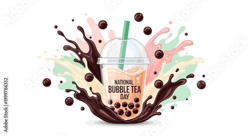Flat lay illustration of a milk tea with tapioca pearls in a clear plastic cup with colorful splashes of pink, green, and brown creating a festive design for National Bubble Tea Day