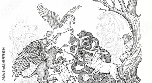 Detailed black and white illustration of mythological creatures like Pegasus, Griffin, Centaur, Unicorn and multi-headed serpent in a mystical forest.