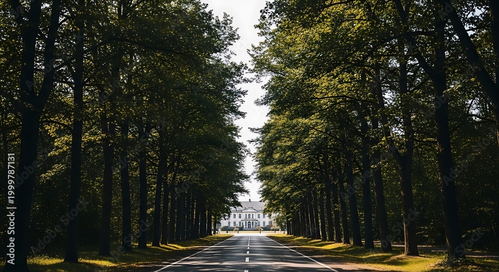 Obraz premium Scenic Road Through a Forest of Tall Trees.