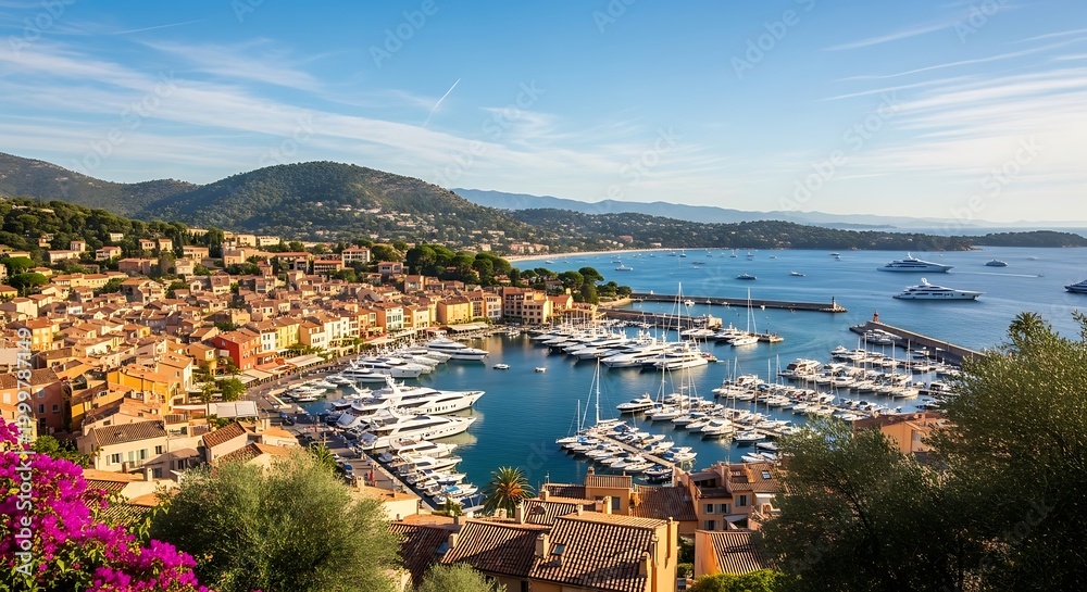 Naklejka premium Saint-Tropez Harbor View - Yachts, Buildings, and Coastal Scenery.
