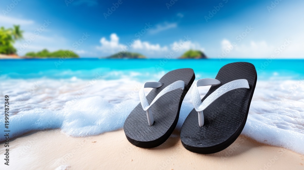 Naklejka premium Black and White Flip Flops on Sandy Beach Shore with Ocean Waves