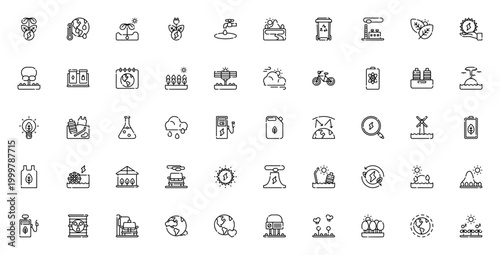 Ecology icon set. Vector symbols for renewable energy, global warming, recycling, sustainability, nature conservation and environmental protection. Editable thin line icons.