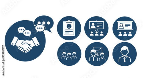 Business teamwork and professional collaboration icons illustrating partnership, networking, and workplace cooperation.