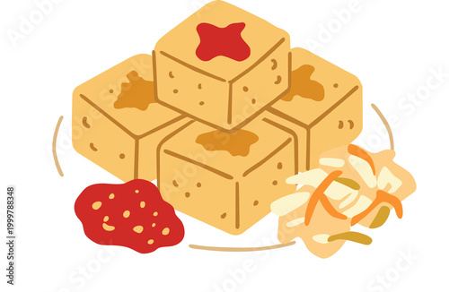 Taiwanese Stinky Tofu Illustration with Pickled Cabbage and Chili Sauce