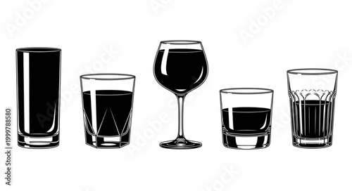 Collection of Different Glasses and Beverages in Various Sizes.