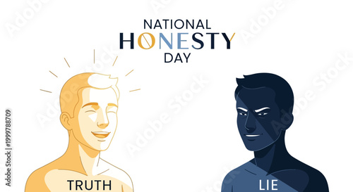 Against a white backdrop, an illustration signifies ethical behavior with a radiant figure labeled 'Truth' and a shadowed figure labeled 'Lie', symbolizing honesty and integrity