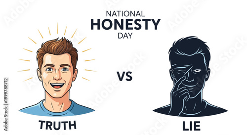 An illustration comparing truthfulness and lies for National Honesty Day, showcasing a brightly lit, smiling man representing truth versus a shadowy figure symbolizing lies, set