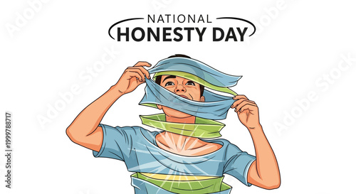 Illustration commemorating National Honesty Day featuring a person removing layers of fabric from their face, symbolizing truthfulness and transparency, with a clean white background