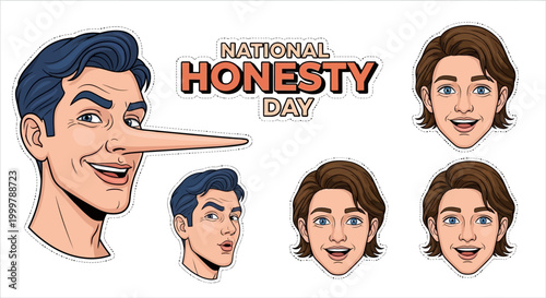 A cartoon illustration promoting National Honesty Day shows a man with a very long nose, contrasted with faces showing sincerity and authenticity, presented as a vector on a white
