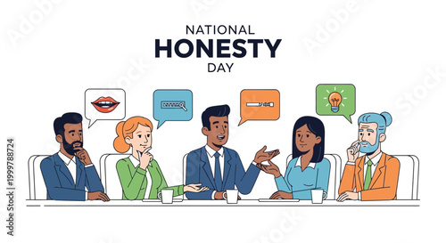 An illustration promoting National Honesty Day featuring diverse professionals seated at a conference table with speech bubbles representing ethical behavior and truthfulness