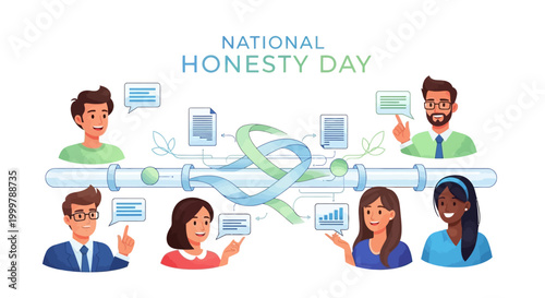 A vibrant vector illustration promoting honesty and integrity, depicting diverse individuals connected by intertwining blue and green lines symbolizing transparent communication and ethical