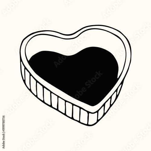 A heart shaped springform cake pan is presented in a clean minimalist line art style. This romantic baking dish illustration is perfect for Valentines Day projects and wedding bakery designs