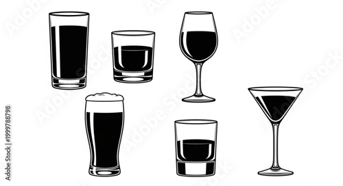 Collection of Various Glasses with Different Beverages.