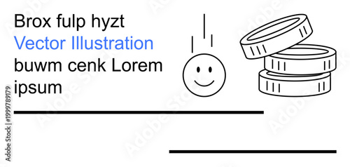 Finance, savings, economic growth, investment, income increase, monetary value. Smiling face with lines and stacked coins. Finance and savings concept