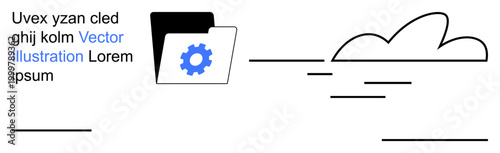 Data storage, cloud technology, digital organization, file transfer, process optimization, work efficiency. Gear icon inside a folder next to cloud lines. Data storage and cloud technology concept