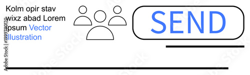 Digital communication, user interfaces, teamwork, social media, online messaging, collaboration. Minimalist people icons and a send button. Digital communication and user interfaces concept