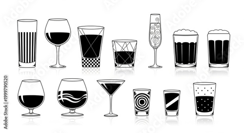 Collection of Various Glasses Filled with Different Beverages.