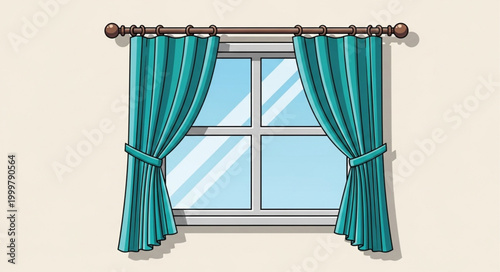 Elegant Blue Curtain Window Treatment with Drapes and Tiebacks.