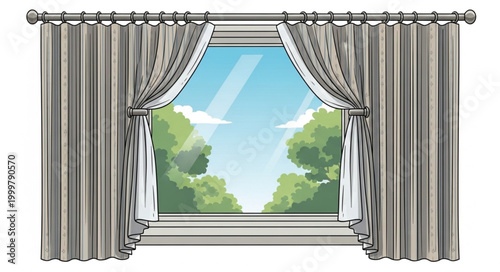 Elegant Window with Flowing Curtains and Scenic View.
