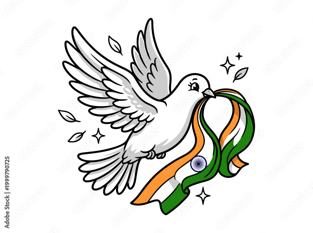 Fototapeta premium White dove flying with Indian flag ribbon in retro cartoon style