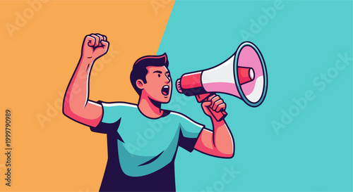 Man shouting through a megaphone loudly.