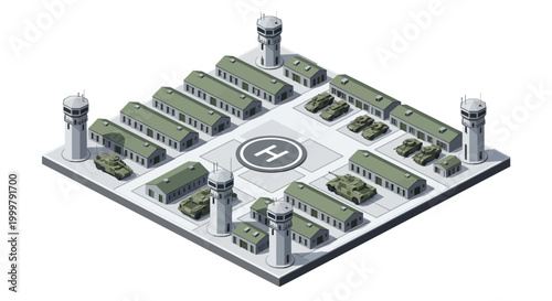 Quadro su tela Isometric 3D render showcasing a tactical military base illustration with barrac