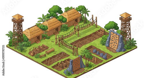 An isometric army base design features a 3D rendered military camp with barracks, watchtowers, and defense structures surrounded by lush jungle, presented in a low-poly style with warm