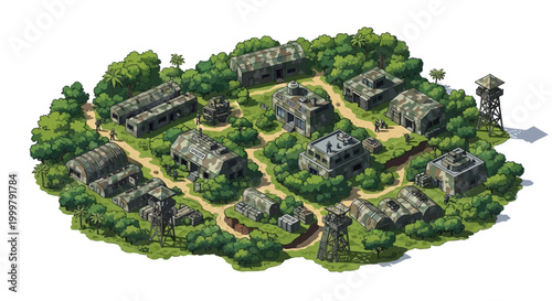 Isometric illustration of a 3D military base featuring barracks and other buildings nestled among dense green trees, presented in a low poly style with a tactical layout