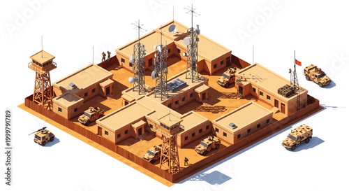 Isometric illustration of a tactical military base, showing an army camp layout with multiple buildings, vehicles, and communication towers against a clean white background, rendered