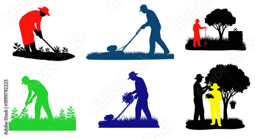 People doing yard work with lawn mowers.