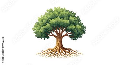 Tree with Green Leaves and Roots.