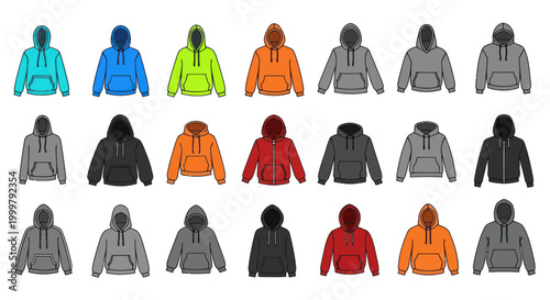 Variety of colorful hooded sweatshirts.