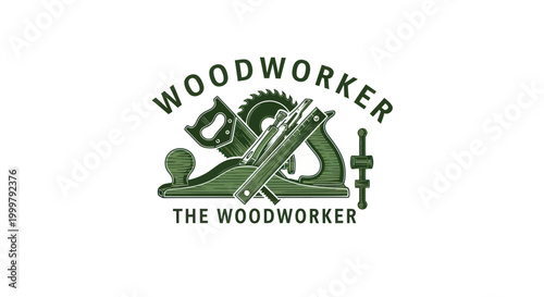Woodworker logo with planer and tools.