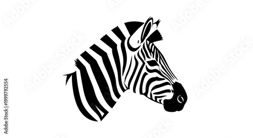 Stylized black and white zebra head illustration with iconic stripes, wild animal graphic, safari wildlife design element
