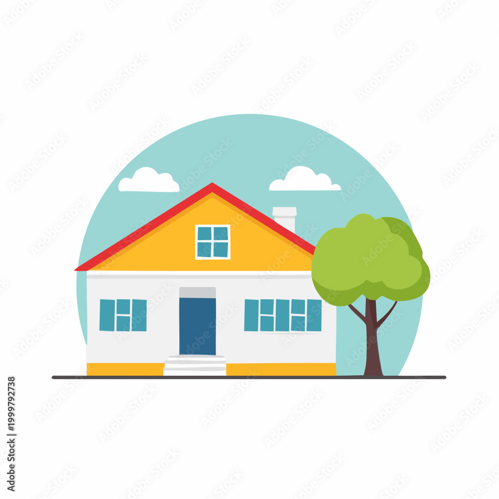 Fototapeta premium Illustration of a simple house with a tree and clouds