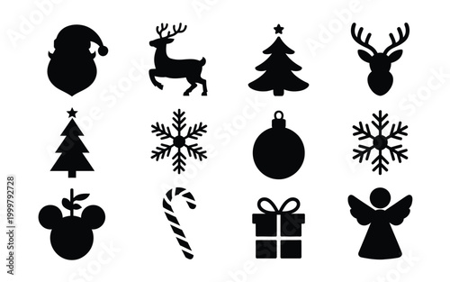 Black christmas icons set including santa reindeer tree ornaments snowflakes and gifts on white background